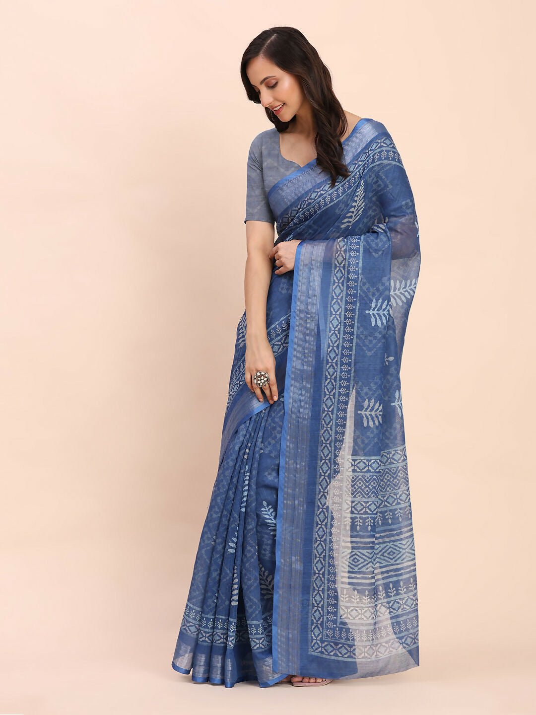 Shree Shyam Fashion Linen Cotton Indigo Blue Saree - Distacart