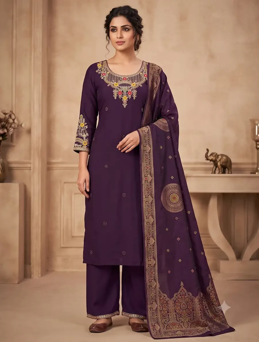 Teeya Creation Wine Embroidered Silk Straight Kurta Pant Set with Dupatta - Dista