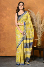 Thumbnail for Very Much Indian Handblock Printed Cotton Saree With Natural Dyes - Green - Distacart