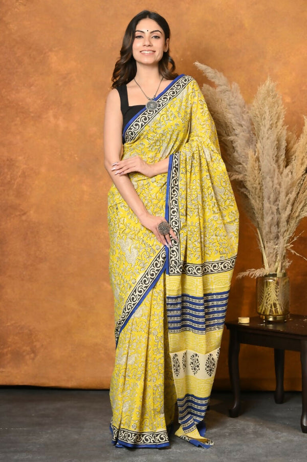 Very Much Indian Handblock Printed Cotton Saree With Natural Dyes - Green - Distacart