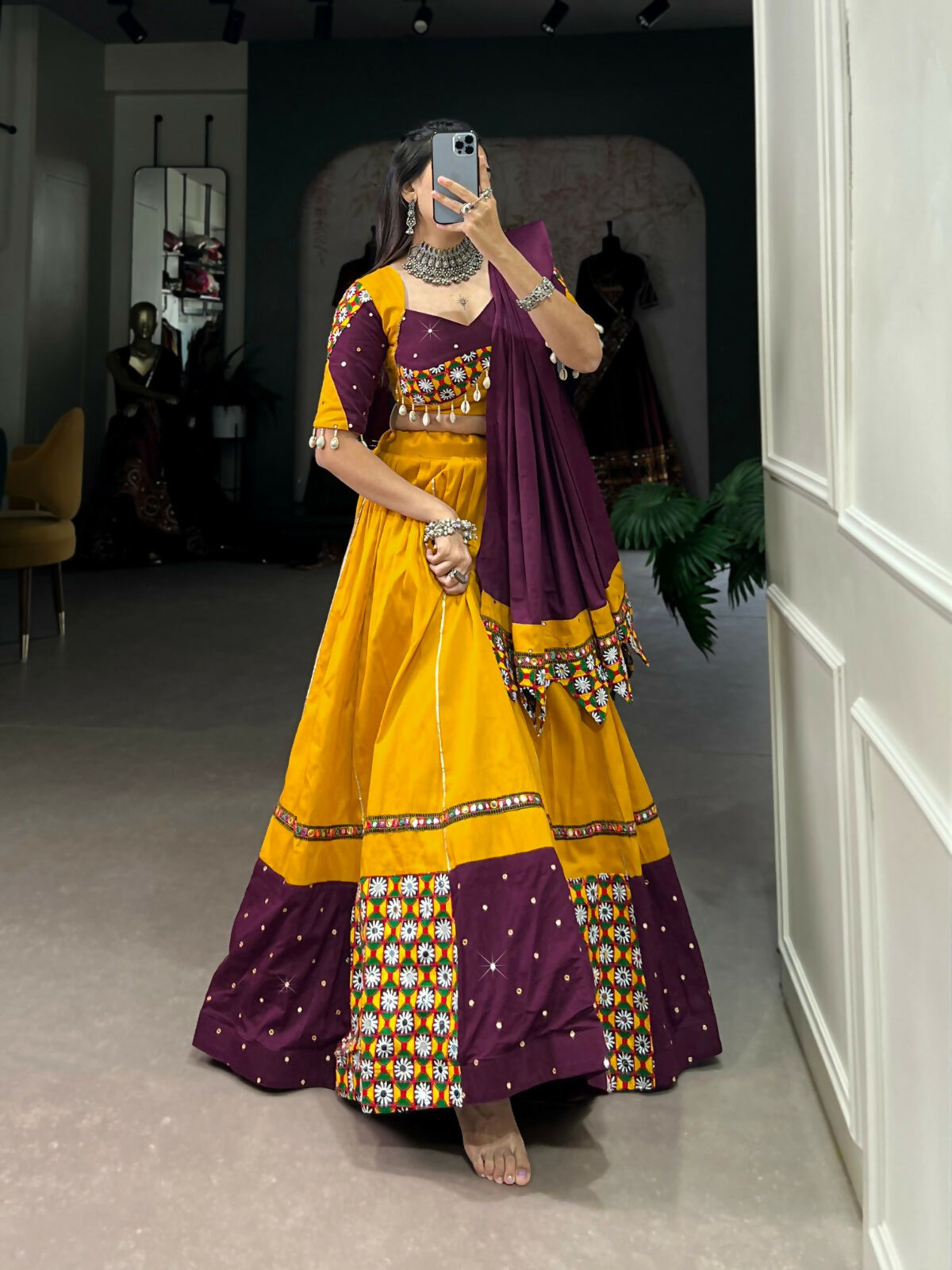Vastranavya Navaratri Special Pure Cotton Paper Mirror Handwork With Gamthi Work With Gota Patti Touch Up Lehenga with Stitched Blouse - Mustard - Distacart
