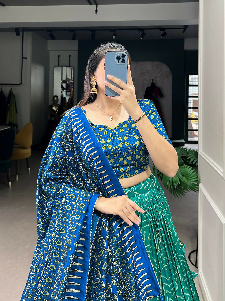 Vastranavya Bandhej And Ajarakh Print Tussar Silk Lehenga Choli - Green - Distacart