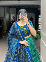 Thumbnail for Vastranavya Bandhej And Ajarakh Print Tussar Silk Lehenga Choli - Green - Distacart