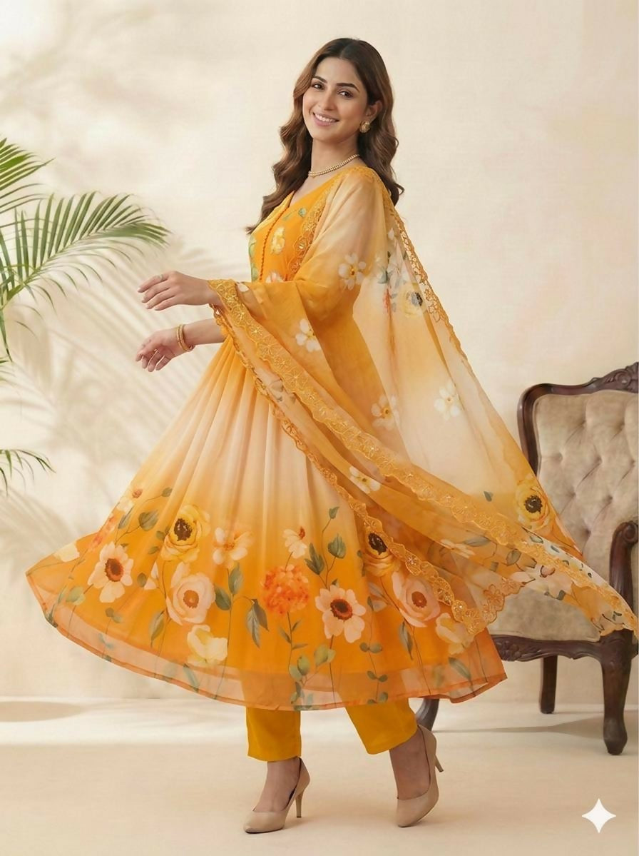 Teeya Creation Womens New Fancy Fox Georgette Heavy Quality Fabric With Handwork Yellow Gown Set - Dista