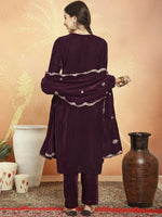 Thumbnail for Jyoti Fashion Women's Wine Velvet Cording with Resham Thread & Sequin Kurta with Trouser & Dupatta - Distacart
