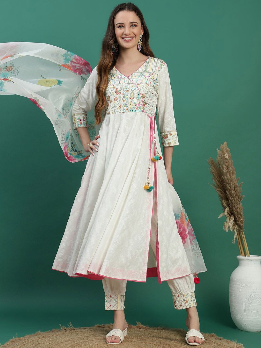 Sangria White Floral Embroidered Mirror Work Angarakha Kurta With Trousers & Dupatta - Distacart