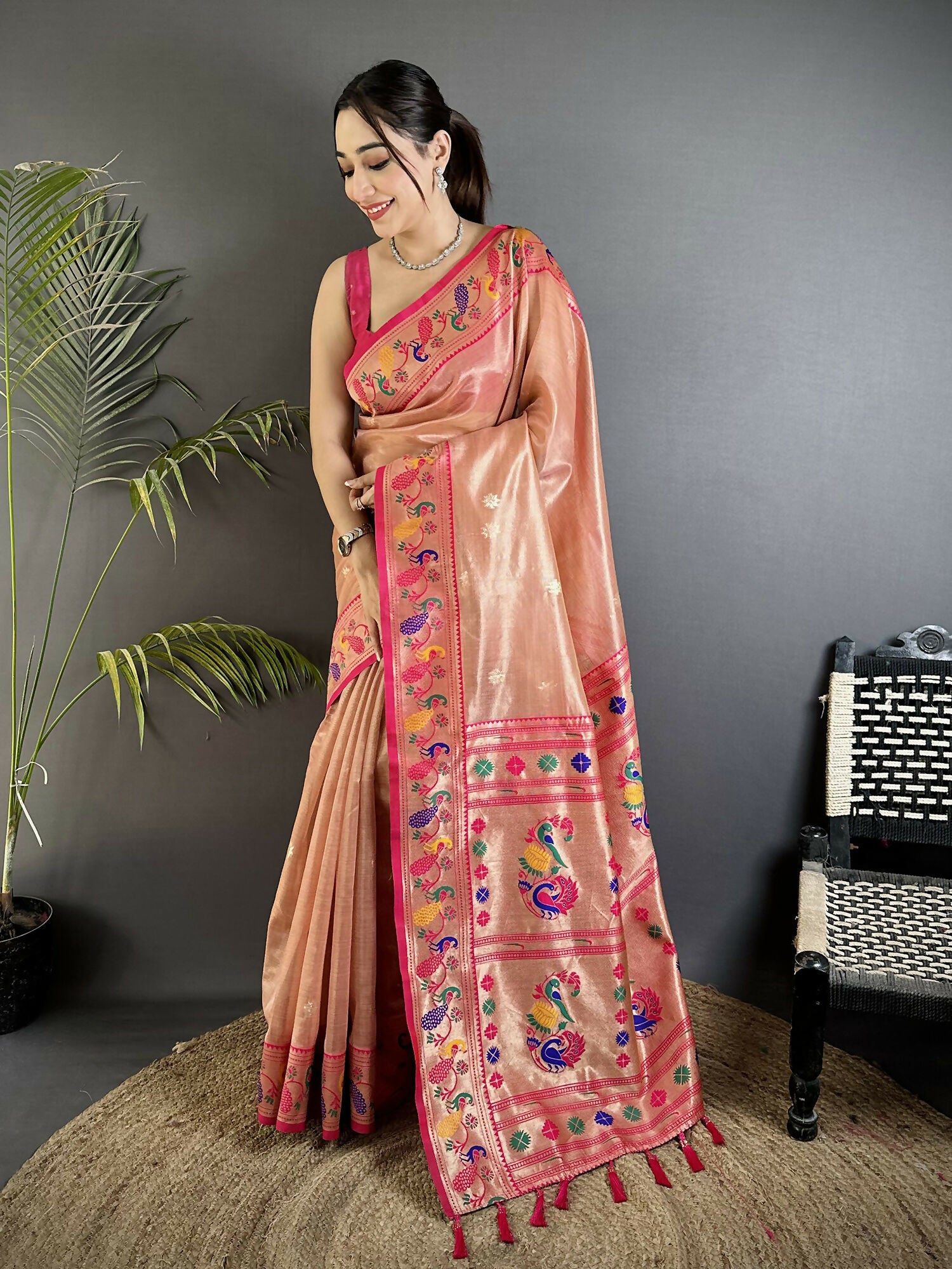 Joban Fashion Dark Peach Zari Weaving Tissue Paithani Saree - Dista