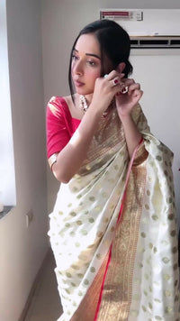 Thumbnail for Malishka litchi Silk Jacquard Ready To Wear Saree With Blouse Piece - White - Distacart