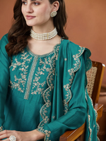 Thumbnail for The52 Rama Women's Beautiful Vichitra Silk Fabric Embroidered Work Flared Anarkali Pant and Dupatta Set - Distacart