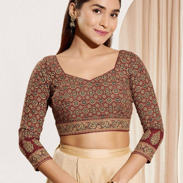 Joban Fashion Maroon Cotton Padded Blouse With Sweetheart Neck Elbow Sleeves - Distacart