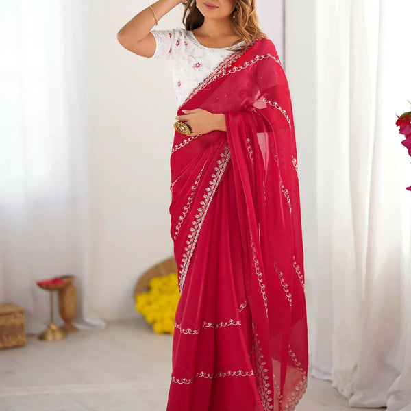 Joban Fashion Tissue Silk Red & Silver Embroidery Saree
