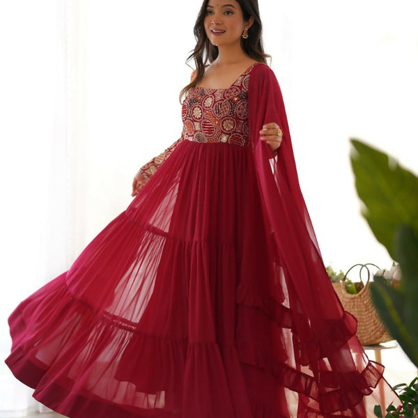Teeya Creation Maroon Color Faux Georgette Heavy Multi Thread Work Functional Wear Gown - Distacart