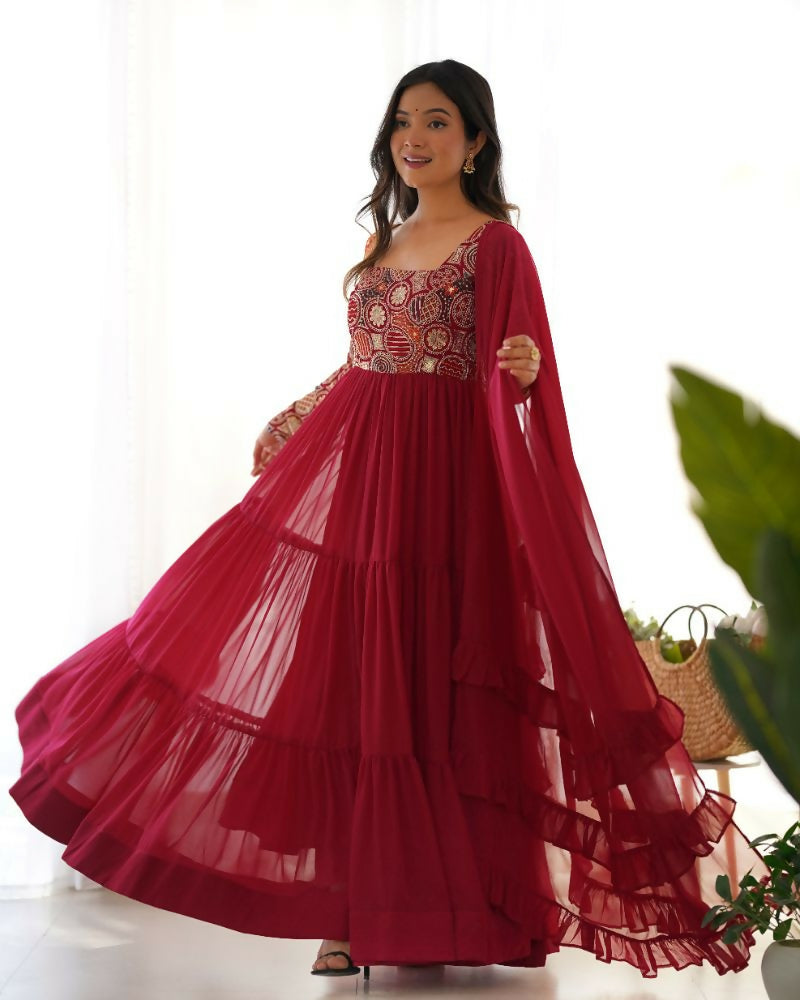 Teeya Creation Maroon Color Faux Georgette Heavy Multi Thread Work Functional Wear Gown - Distacart