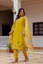 Thumbnail for The52 Yellow Women's Gorgeous Embroidered work Viscose Gadhwal Fabric Straight Kurta, Pant and Dupatta Set - Distacart