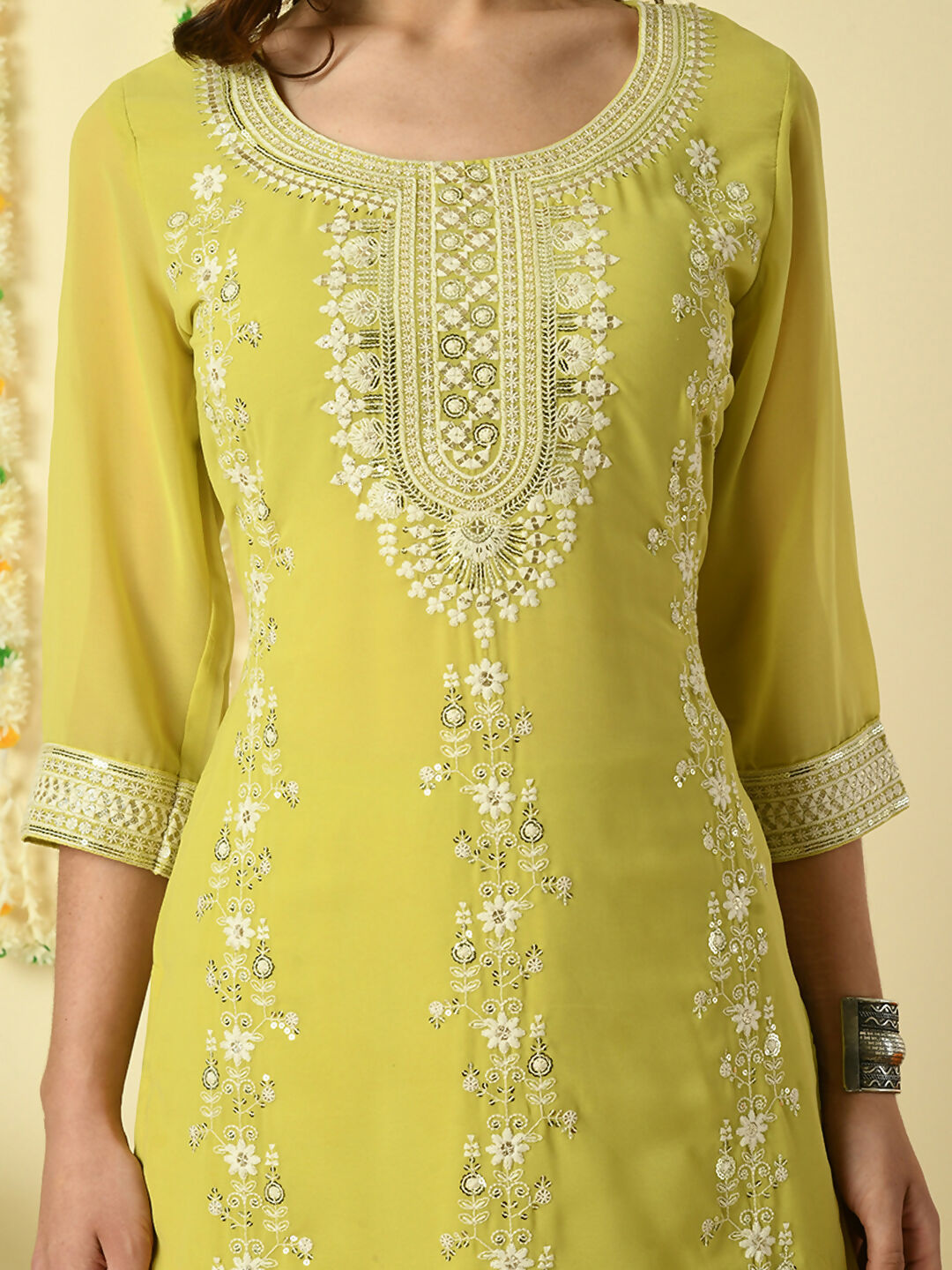 Myshka Women's Yellow Georgette Kurta & Skirt With Dupatta Party Sets - Distacart