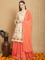Thumbnail for Jyoti Fashion Women's Cream Chanderi Silk Elegant Jardoshi Semi Kurta with Trouser & Dupatta - Distacart