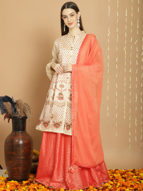Jyoti Fashion Women's Cream Chanderi Silk Elegant Jardoshi Semi Kurta with Trouser & Dupatta - Distacart