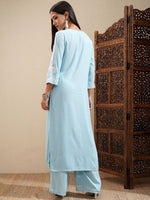 Thumbnail for Vishudh Blue Floral Embroidered Round Neck Thread Work Kurta With Palazzos