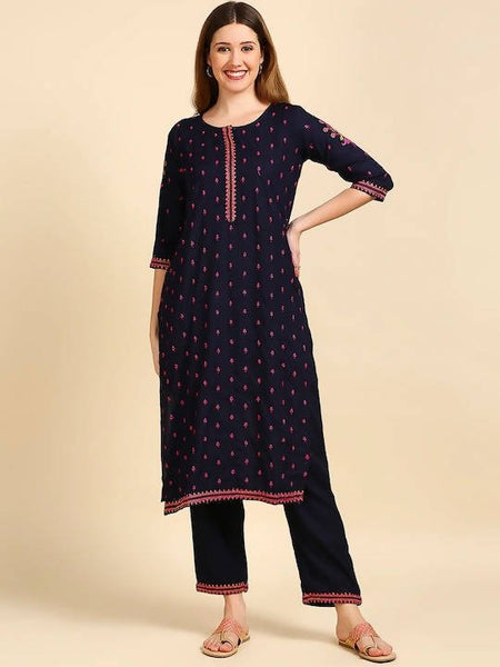 Anubhutee Navy Blue & Pink Embroidered Kurta with Palazzos - Distacart