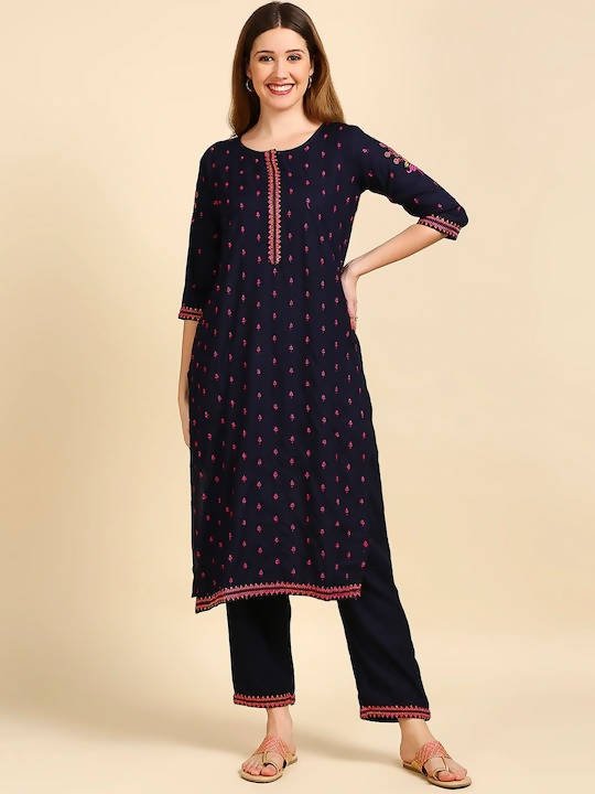 Anubhutee Navy Blue & Pink Embroidered Kurta with Palazzos - Distacart