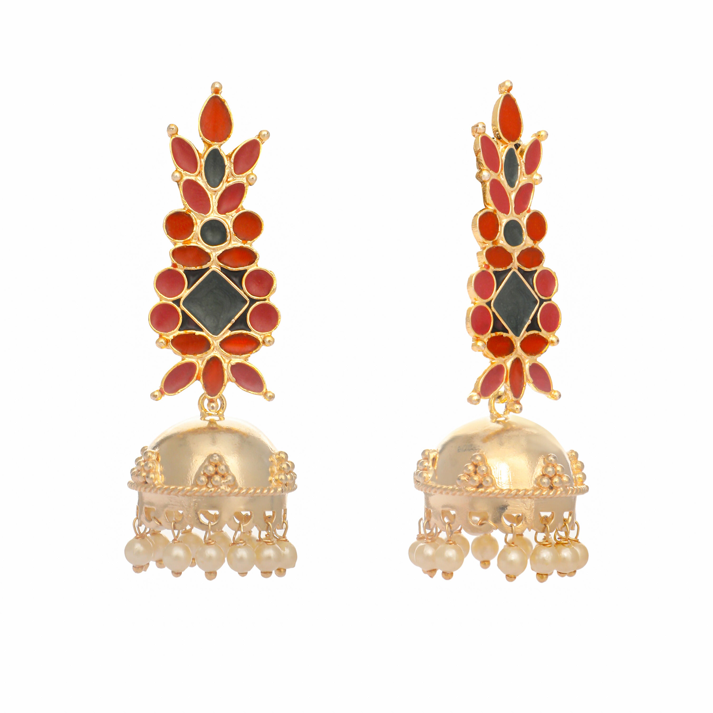 Nuyug 22K Gold-Plated Enamel & Beaded Dome Shaped Jhumka Earrings
