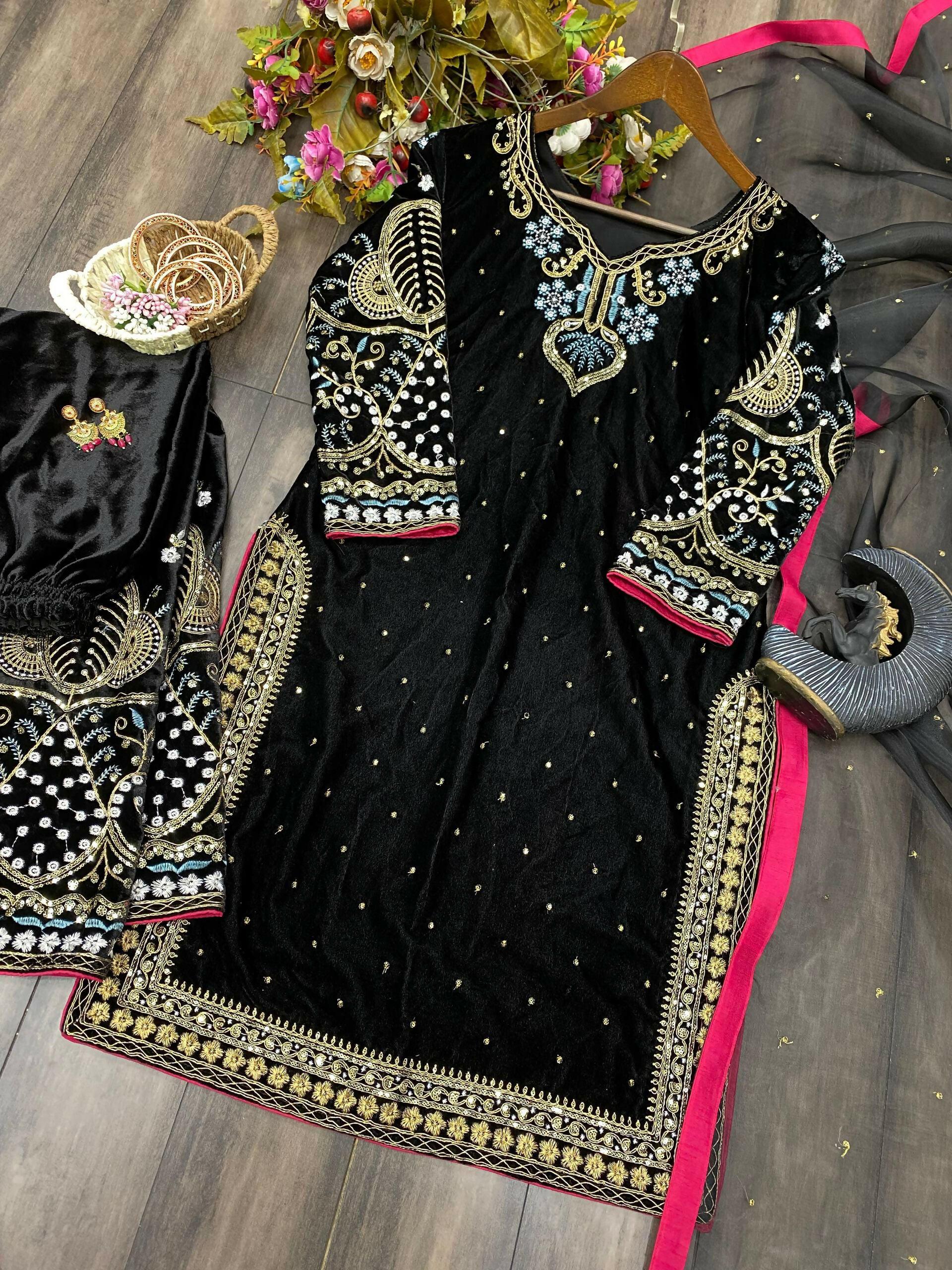 Vastranavya Black Viscose Velvet Cording Sequence Embroidery Work Suit With Dupatta