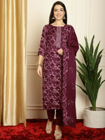 Thumbnail for Jyoti Fashion Women's Wine Pashmina Floral Digital Printed Kurta with Trouser & Dupatta - Distacart