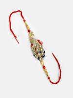 Thumbnail for NVR Women & Men Set of 2 Gold-Toned Peacock Design Stone-Studded Bhaiya Bhabhi Rakhi With Roli Chawal - Distacart