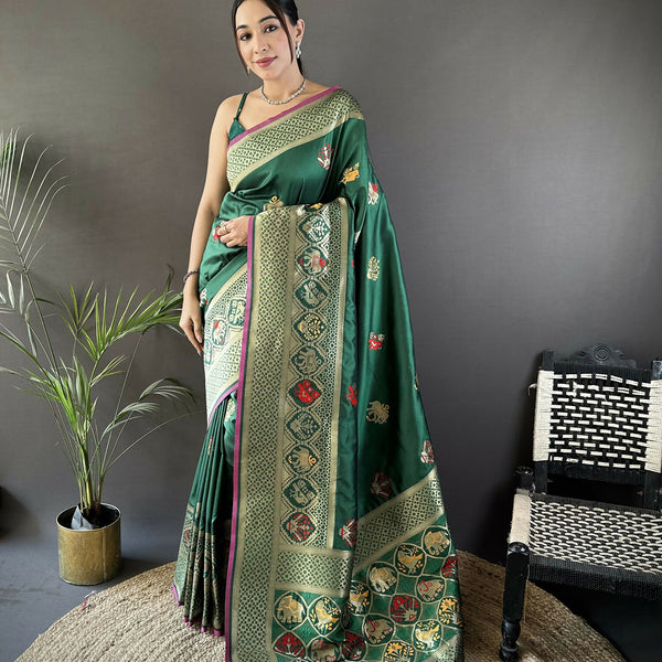 Joban Fashion Green Elephant & Floral Motifs Soft Lichi Silk Banarasi Saree - Distacart