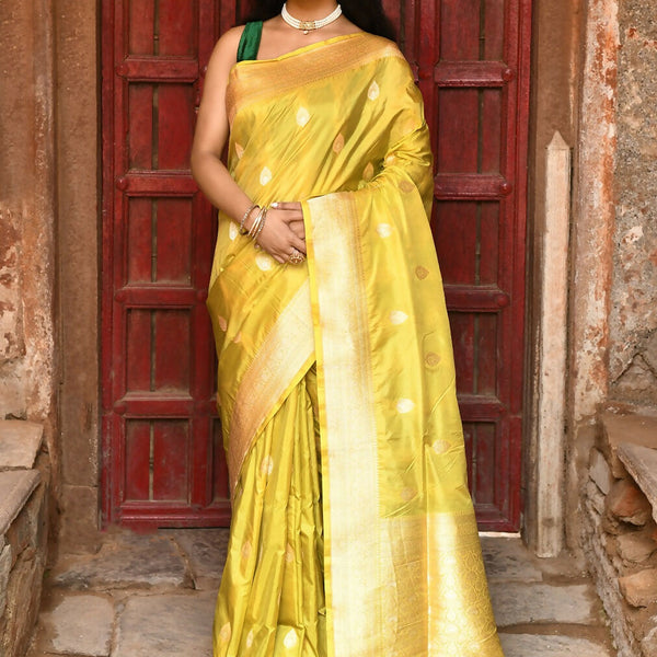 Joban Fashion Yellow Pure Katan Pure Handloom Banarasi Silk Saree