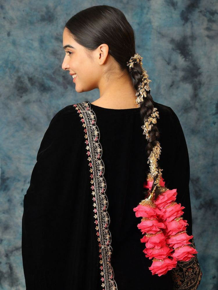 Ruby Raang Gold Gota Pati Work And Pink Rosses With Black Thread & Golden Stones - Distacart