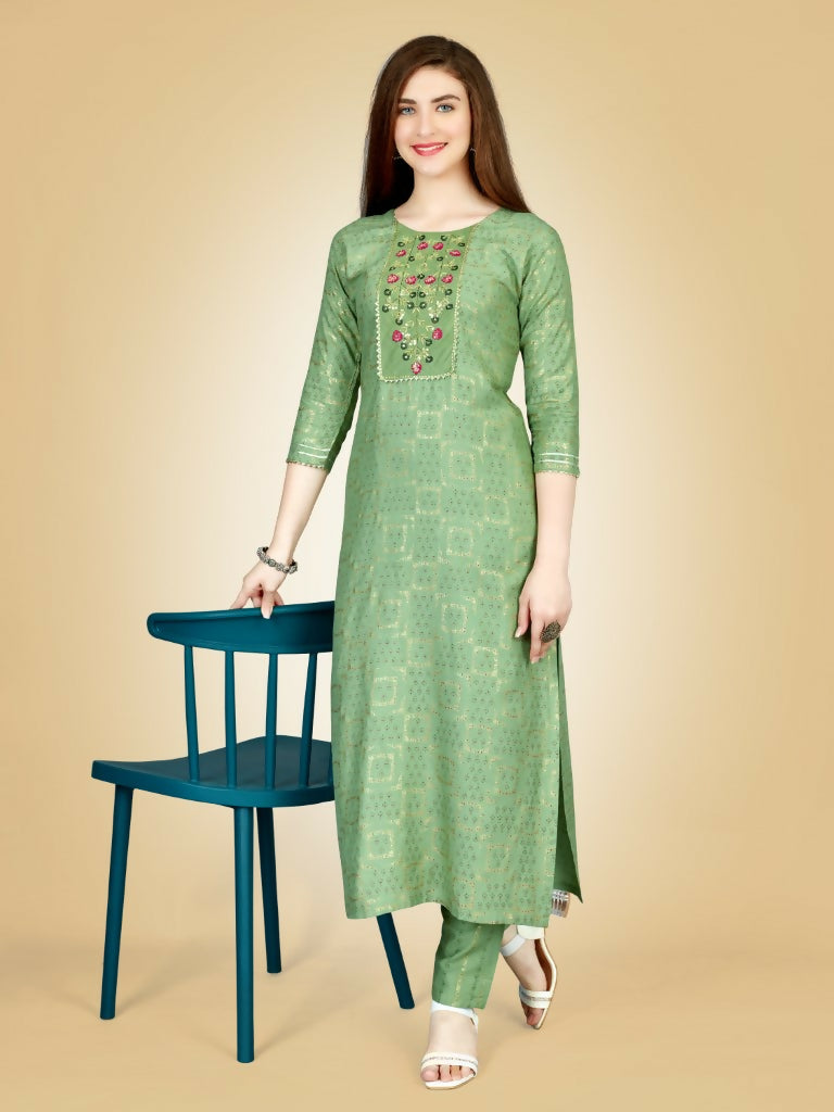 Jyoti Fashion Women's Sea Green Viscose Rayon Embroidered Kurta Pant Set - Distacart