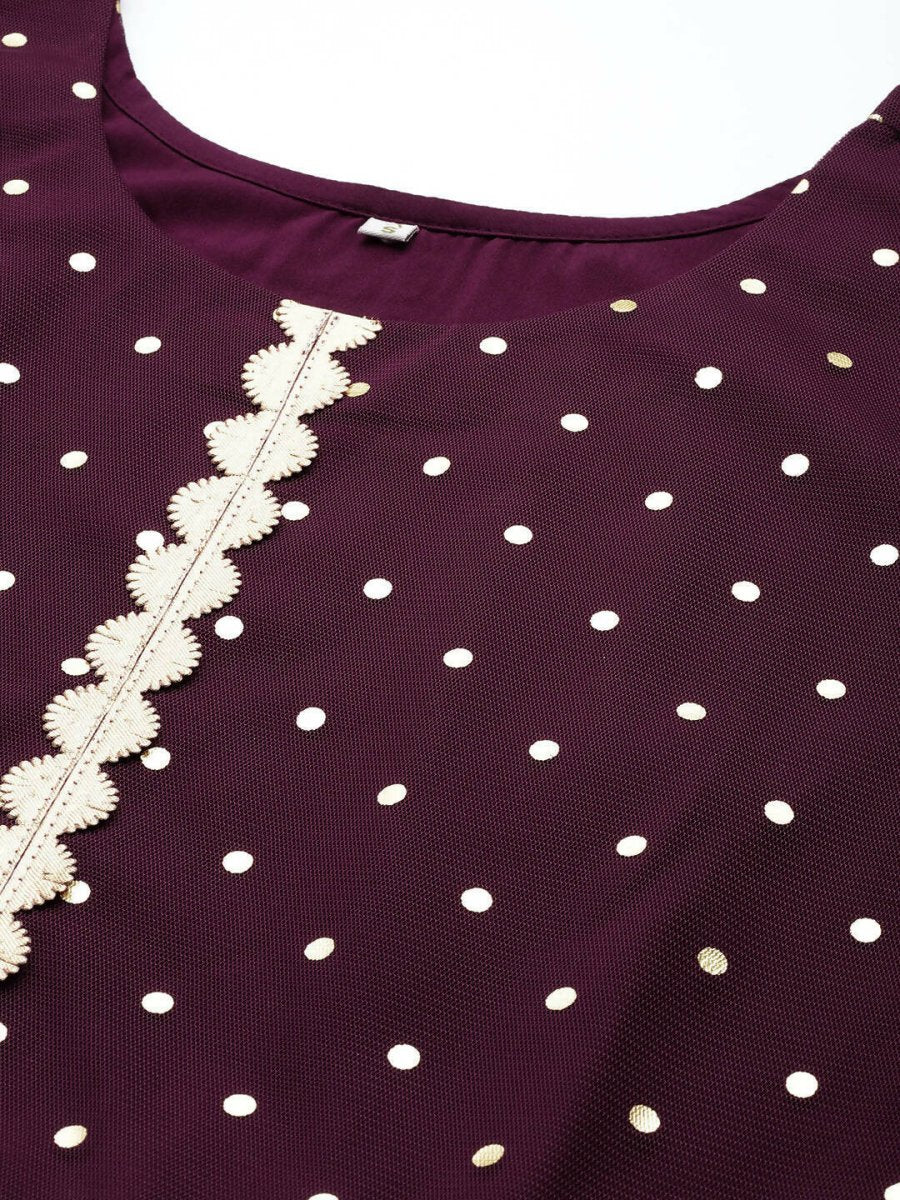 Ahalyaa Women Burgundy Polka Dots Fit & Flare Maxi Ethnic Dress - Distacart