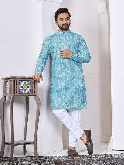 Anaita Sky Blue Digital Printed Work Cotton Straight Kurta - Distacart