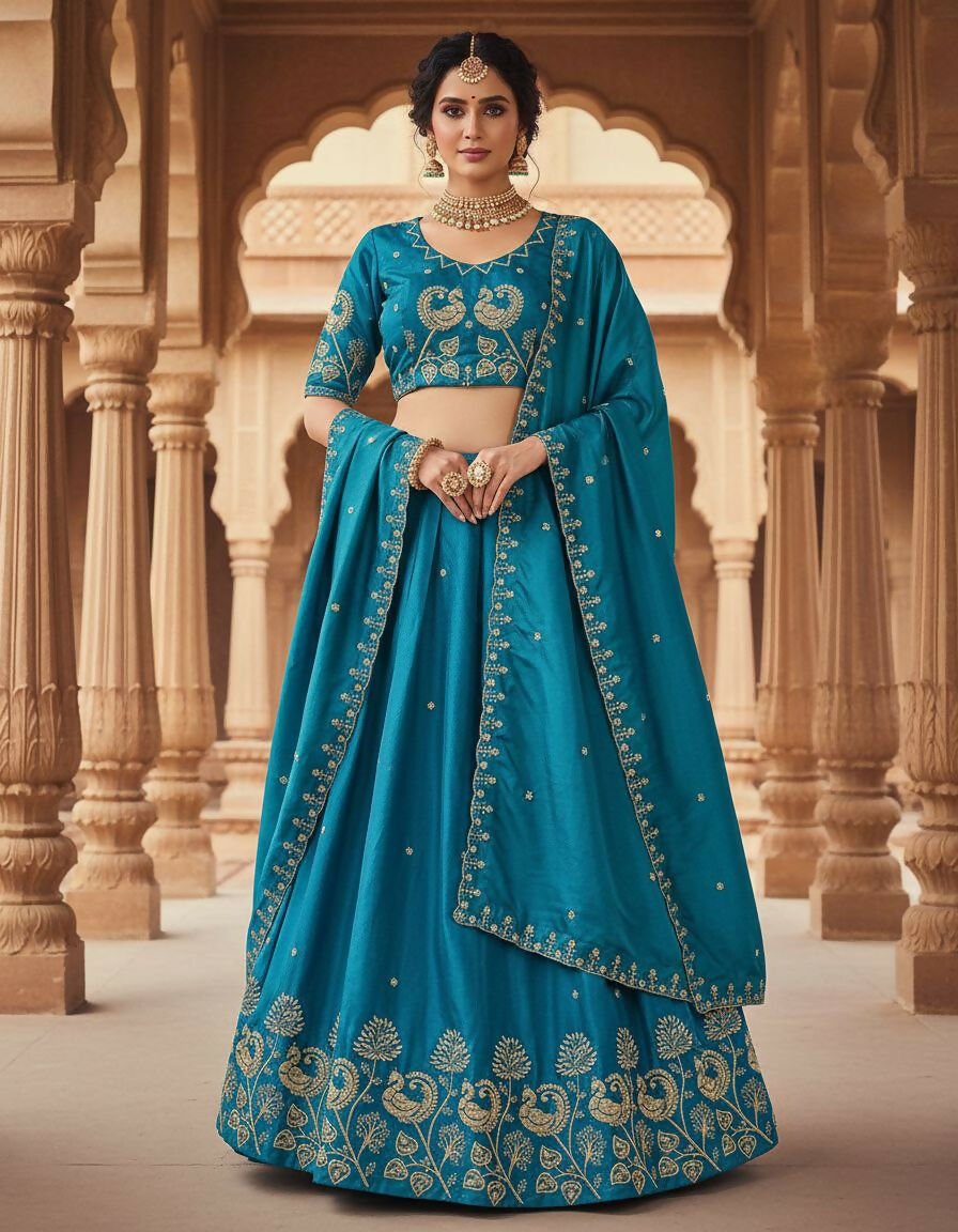 Teeya Creation New Womens Beautiful Fully Stitched Designer Lehenga Choli With Embroidered Dupatta - Blue - Dista