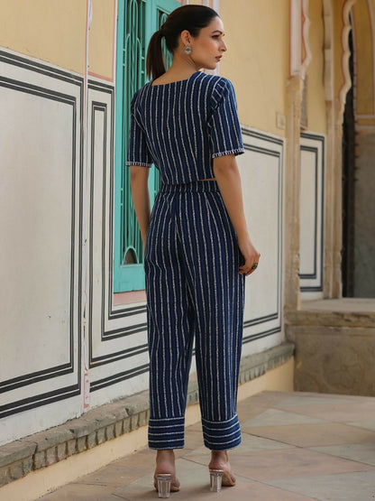 Juniper Navy blue Striped Printed cotton flex Crop Top & Pants Set With Thread Work - Distacart