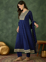 Thumbnail for The52 Blue Women's Gorgeous Embroidered Work Vichitra Silk Fabric Flared Kurta Pant and Dupatta Set - Distacart