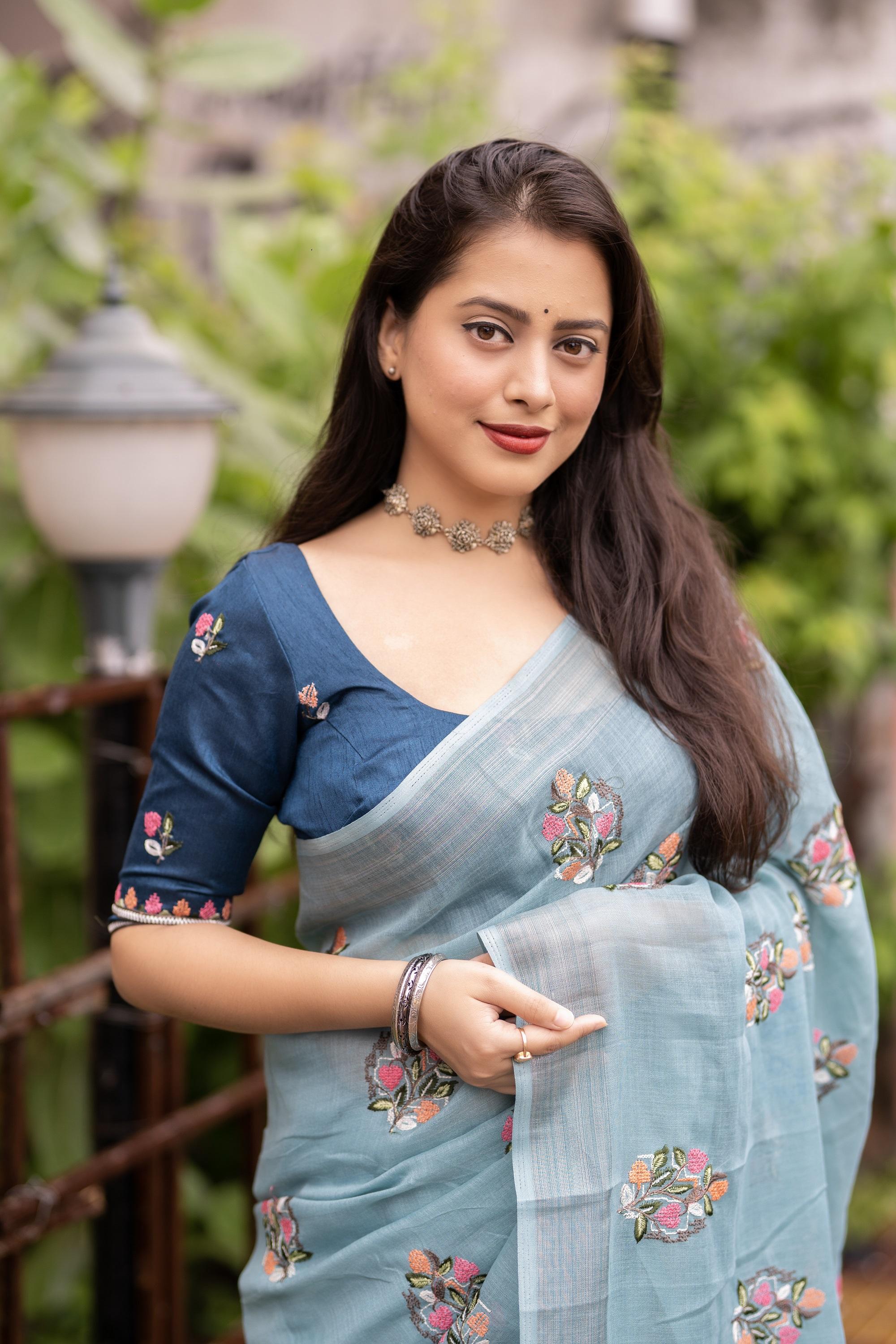 Sky Pure Linen Ethnic Motifs Saree with Unstitched Blouse - Hiral Fashion - Distacart