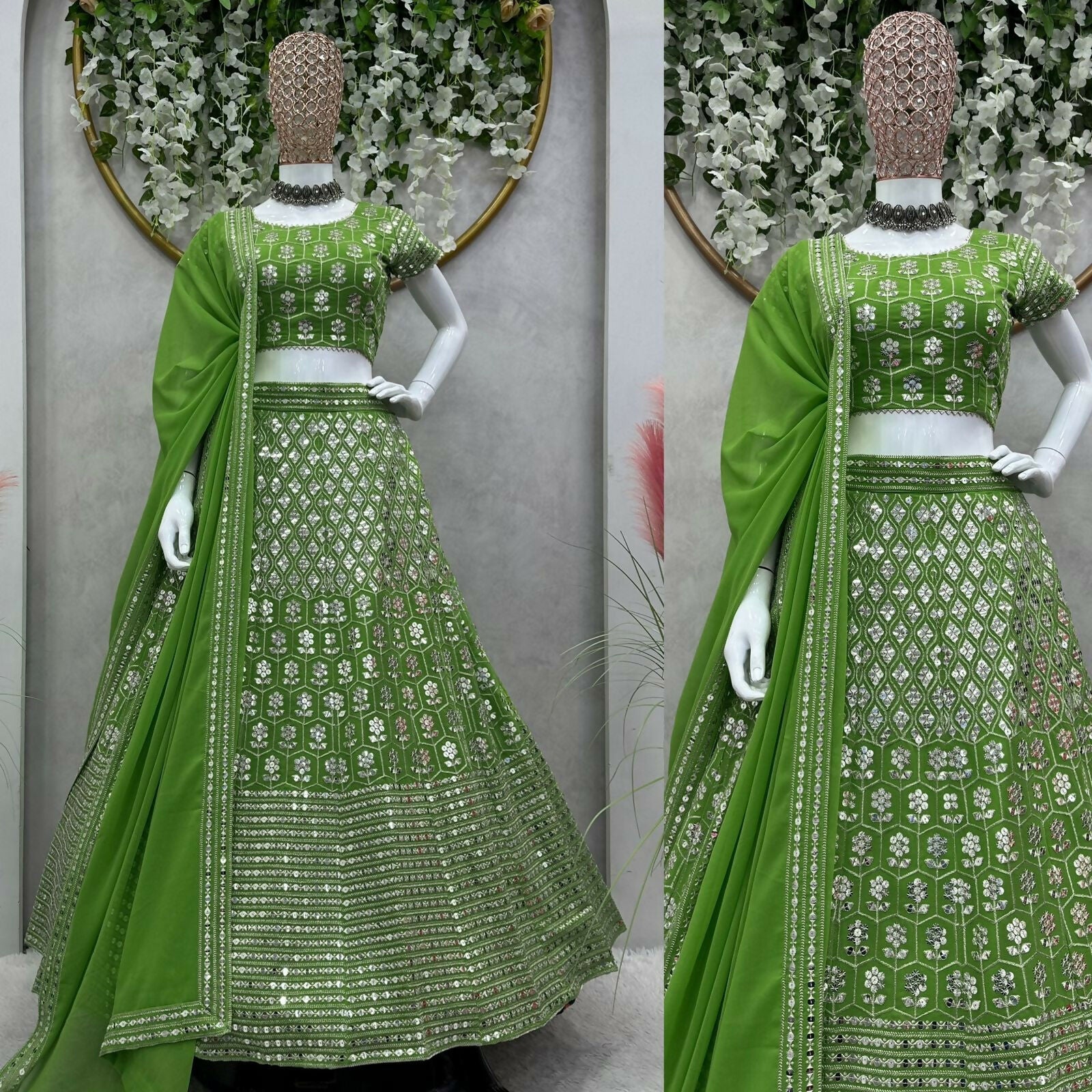 Preksha Creation Green Foux Georgette With Thread With 9Mm Sequence Women Lehenga Choli - Distacart