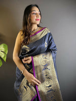 Thumbnail for Joban Fashion Navy Blue Striped With Floral Motifs Soft Silk Leheriya Saree