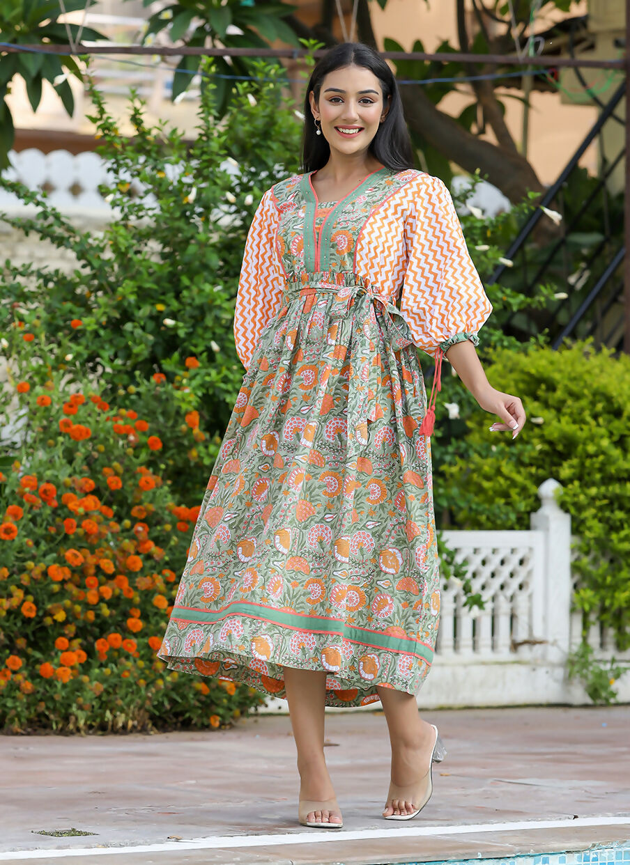 Kaajh Women's Orange Hand Block Printed Dress - Distacart