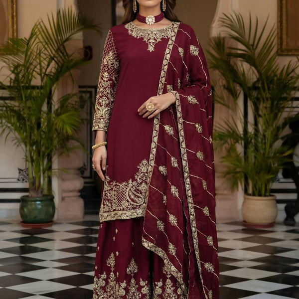 Teeya Creation Maroon Chinon Silk Designer Wedding Wear Embroidery Work Palazzo - Distacart