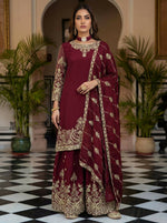 Thumbnail for Teeya Creation Maroon Chinon Silk Designer Wedding Wear Embroidery Work Palazzo - Distacart