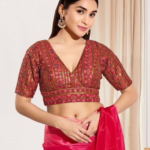 Joban Fashion Maroon Mulberry Silk Padded Blouse With V Neck Elbow Sleeves - Distacart