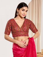 Thumbnail for Joban Fashion Maroon Mulberry Silk Padded Blouse With V Neck Elbow Sleeves - Distacart