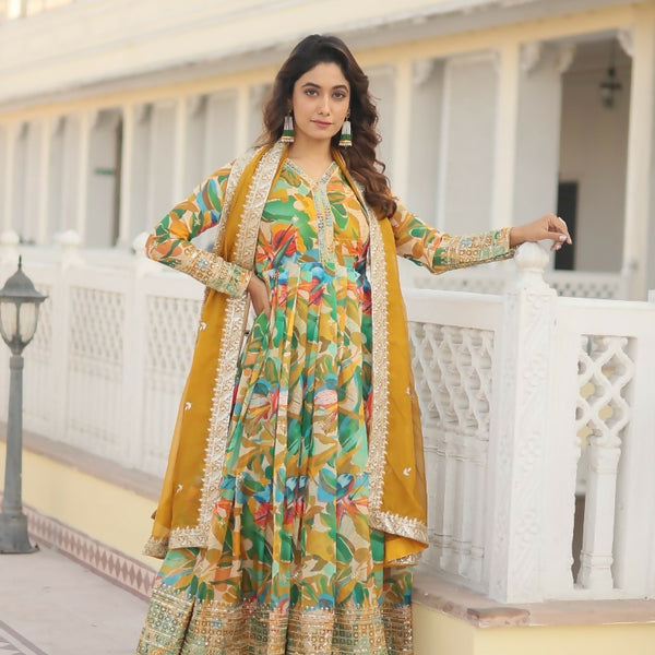 Jyoti Fashion Women's Green Russian Silk Sequins Zari Embroideredy Anarkali Dress with Dupatta - Distacart