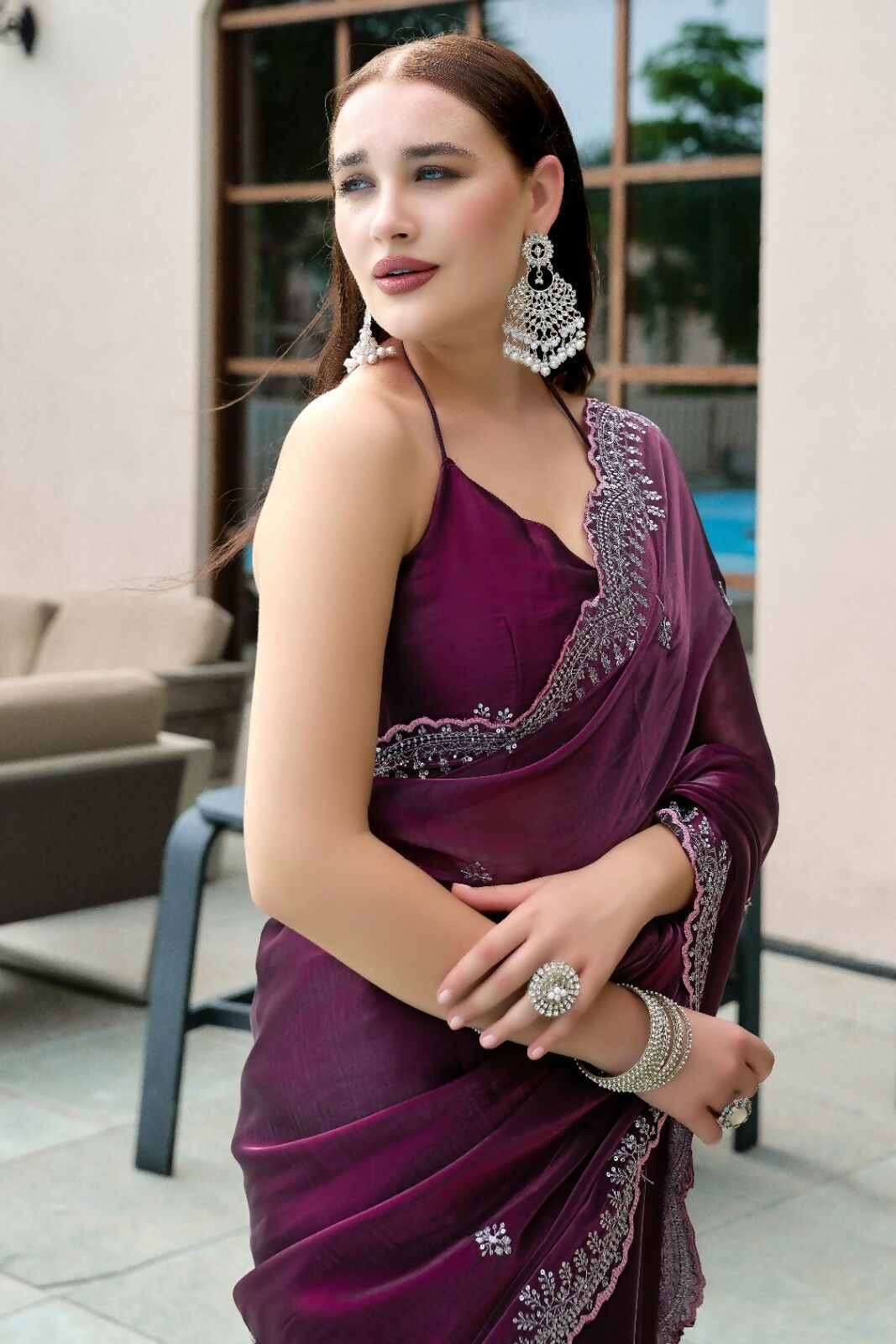 Vastranavya Wine Embroidery Work Shimmer Chiffon Saree with Unstitched Blouse