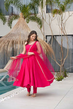 Thumbnail for Preksha Creation Rani Pink Wedding Special Women Pure Roman Silk Chanderi Fabric Anarkali Gown With Dupatta And Pant