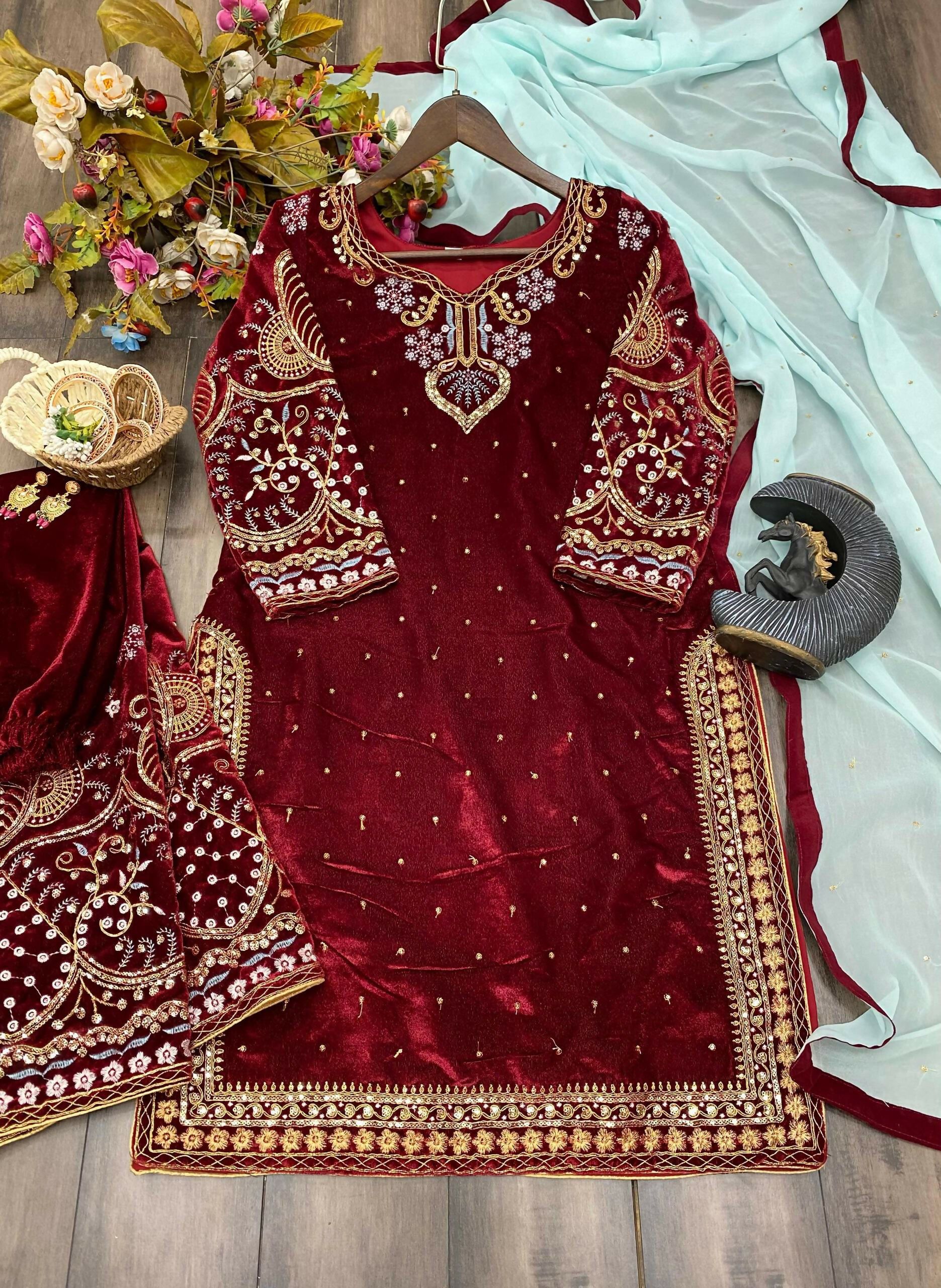 Vastranavya Maroon Viscose Velvet Cording Sequence Embroidery Work Suit With Dupatta