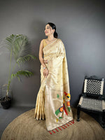 Thumbnail for Joban Fashion Off-White Peacock & Floral Motifs Soft Silk Kanchipuram Saree - Distacart